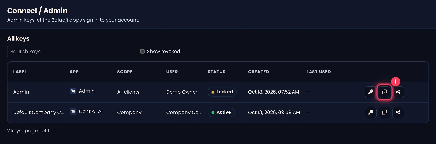 Connect Admin key list with the Copy button of the Admin row ringed
