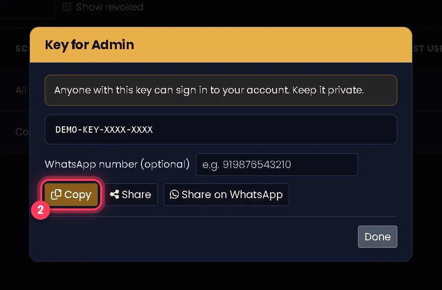 Key for Admin window with the Copy button ringed