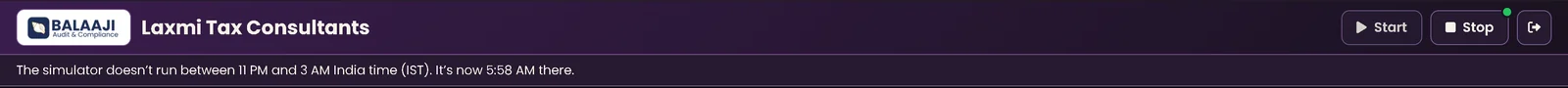 Simulator top bar with the firm name, Start and Stop