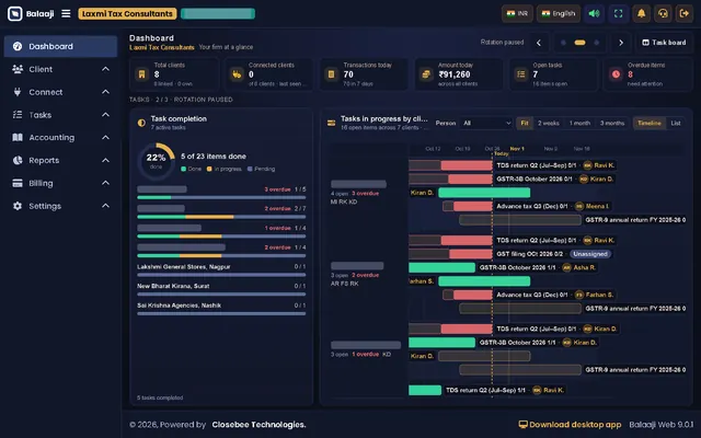 Balaaji Dashboard tasks page with completion and a timeline