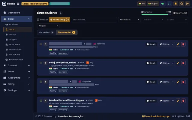 Linked Clients list with filters