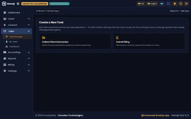 Task wizard step 1, task type