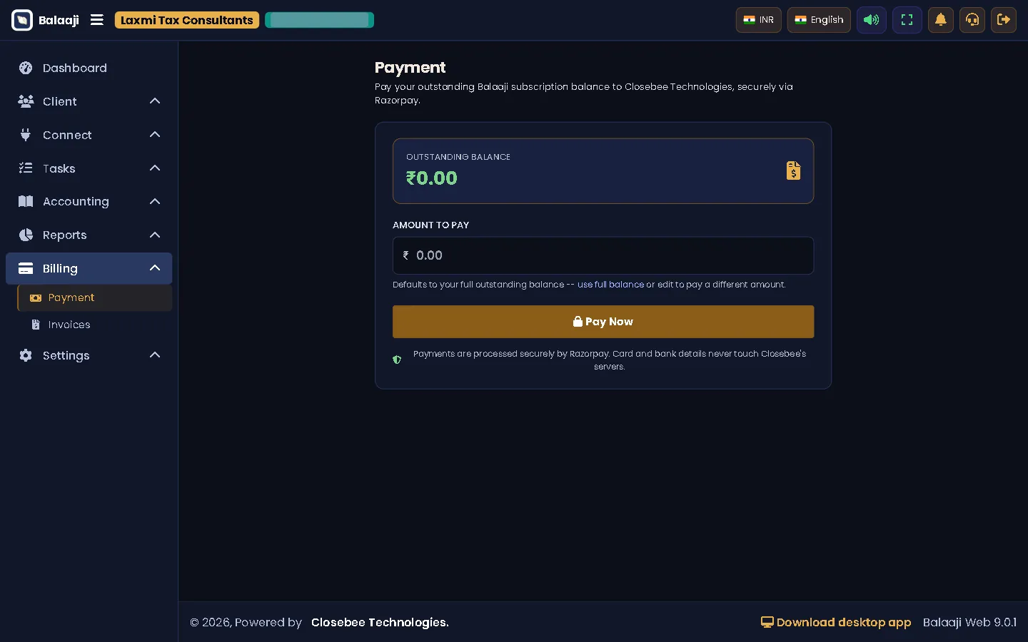 Billing payment page