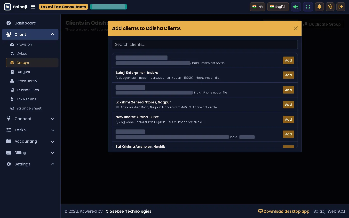 Add clients to a group dialog