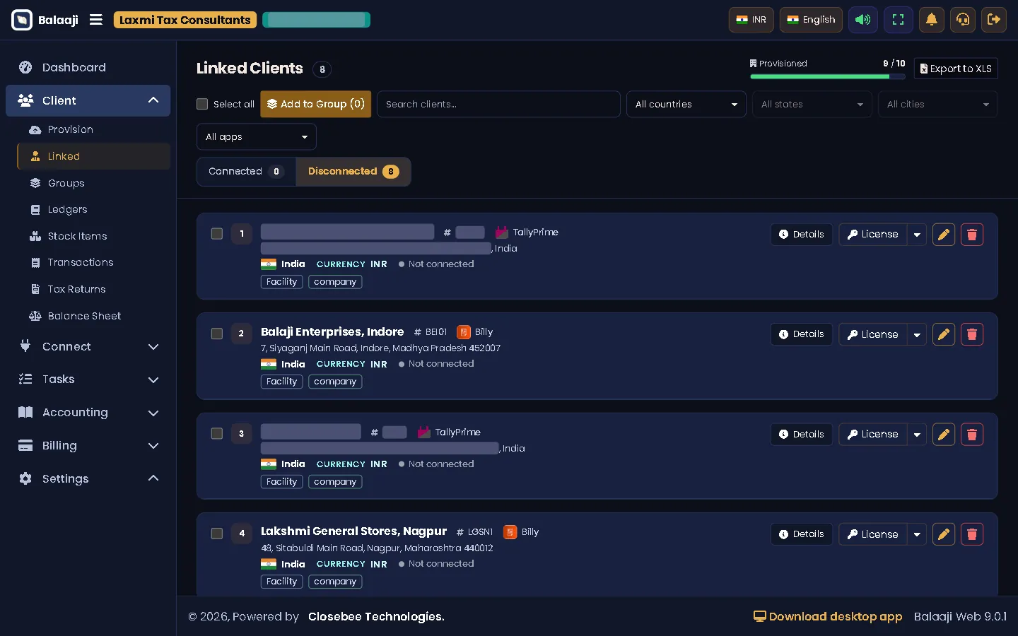 Linked Clients list with filters