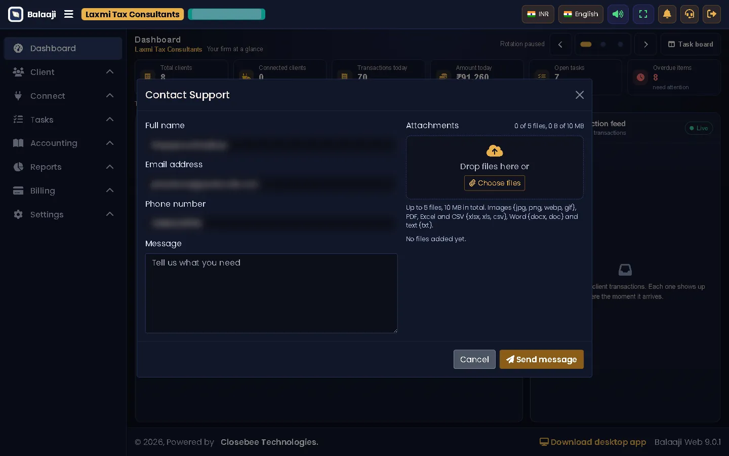 Contact support dialog