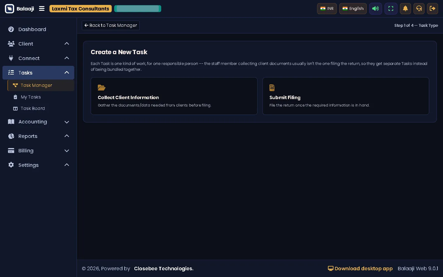 Task wizard step 1, task type